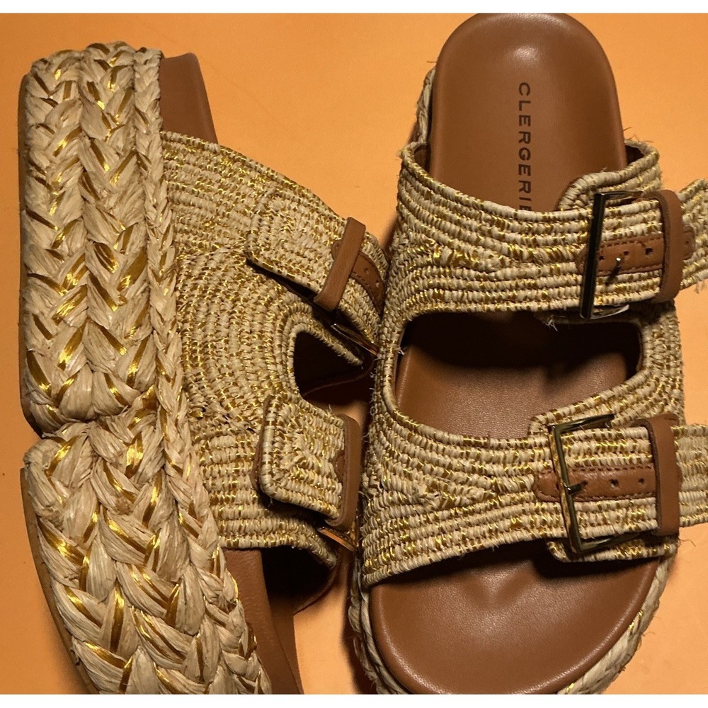 Clergerie Quinie Raffia Platform Sandals Blue Tan Women's 9.5